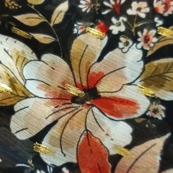 Floral sheer boho gathered mock neck flowy ruffle shimmer wide sleeve M - Picture 3 of 14